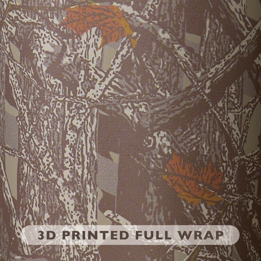 Close-up of woodland camo pattern on tumbler body with brown branches, orange leaves, and tan tree bark texture, labeled 3D Printed Full Wrap
